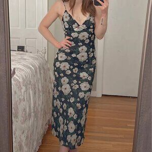 90s Slip Midi Dress in Black Floral - Size Small
